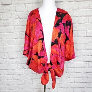 Vintage Top Coverup Beach Loungewear Tie Front Bold Pink Orange Black L/XL